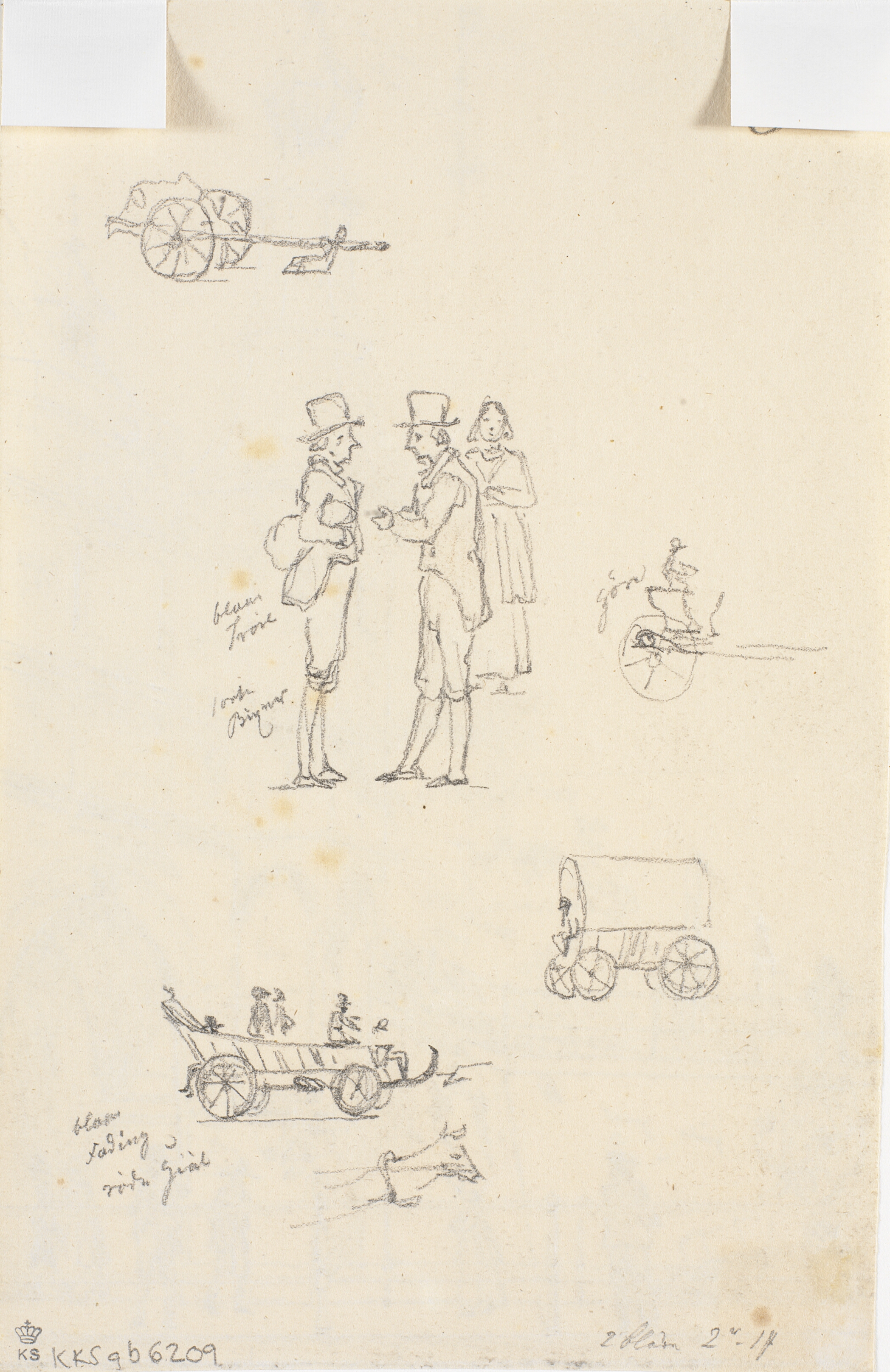 Blyantsstudier af figurer og køretøjer